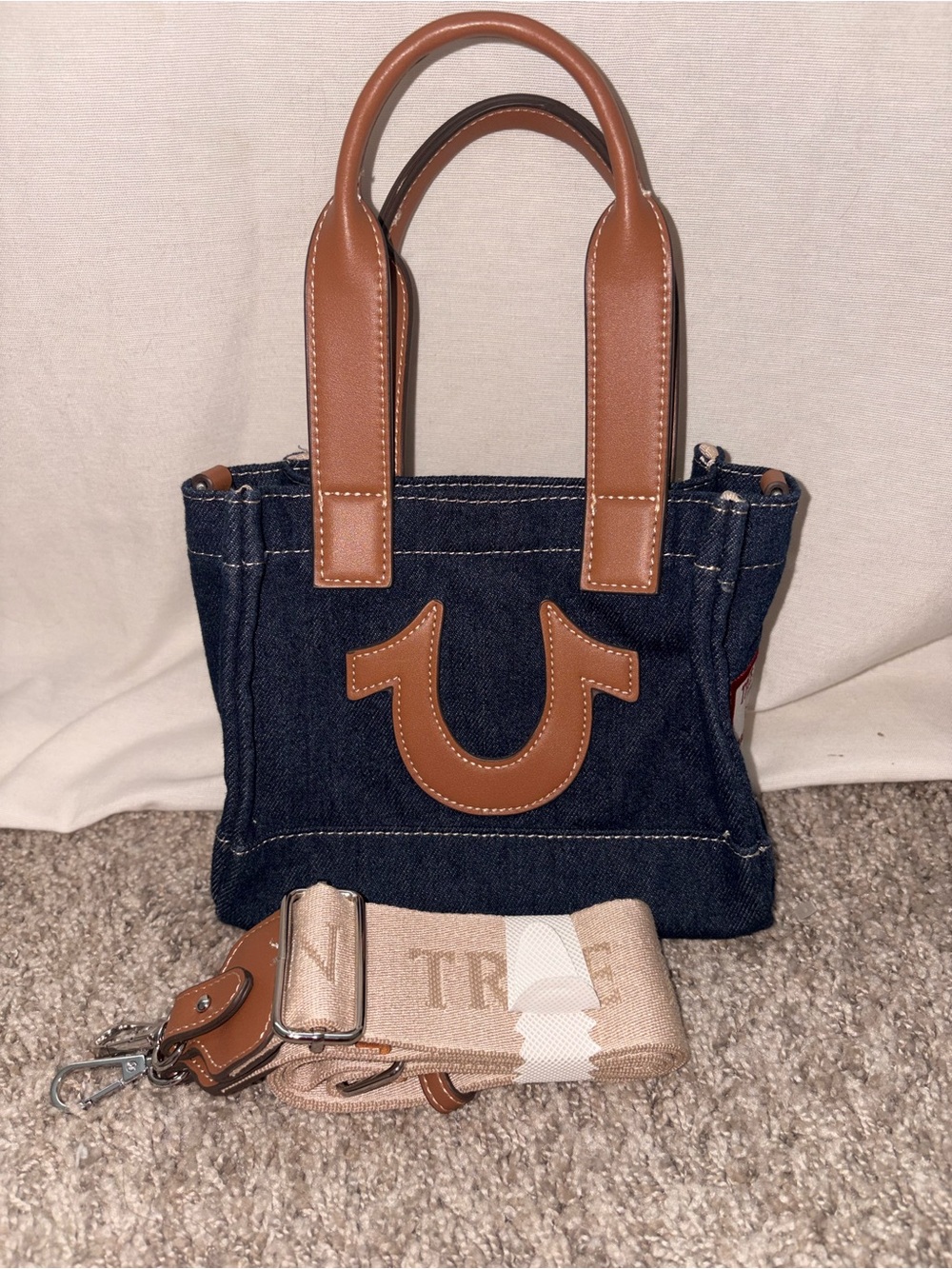 True Religion Denim Mini Tote with Tan Trim and Beige Strap